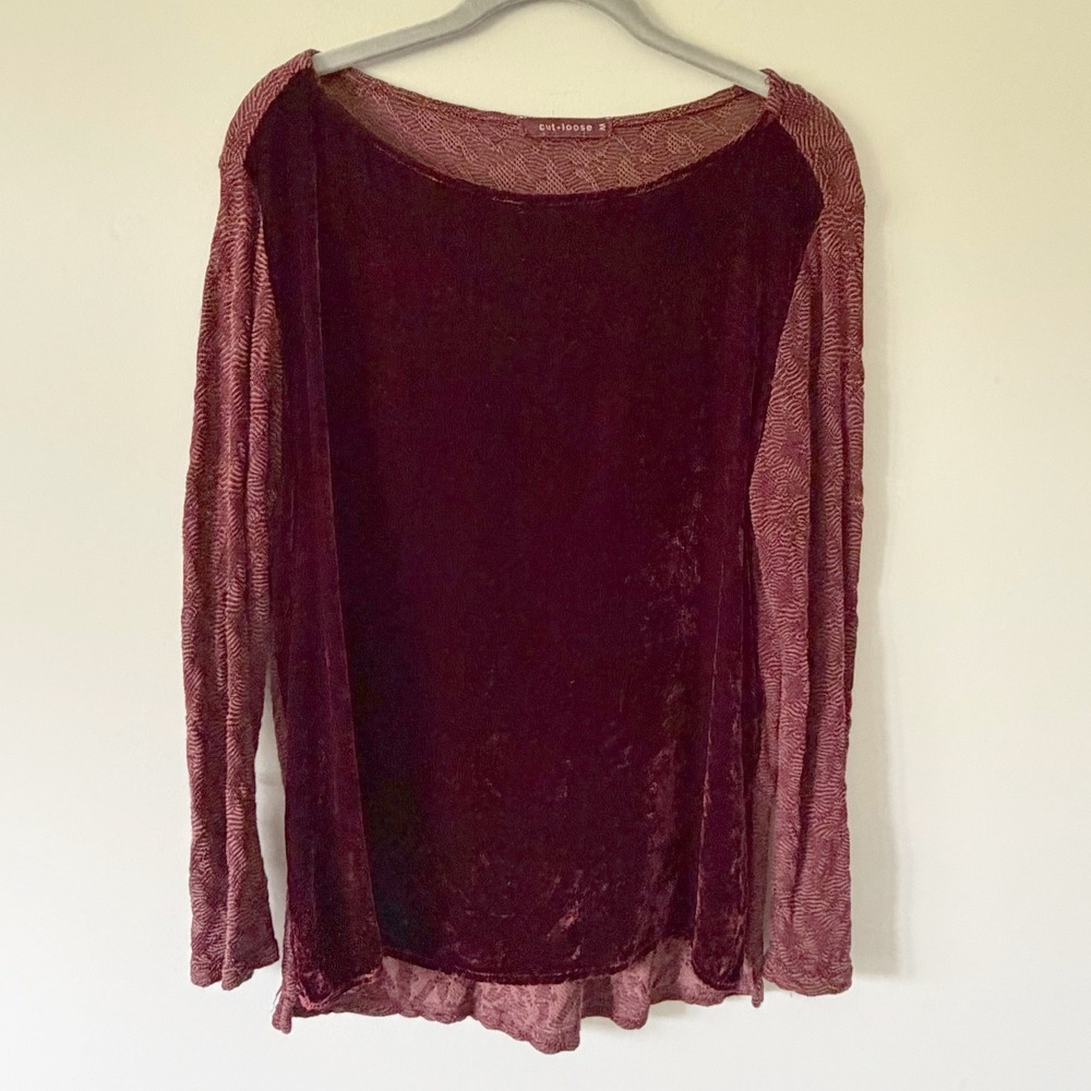 Cut Loose Silk Rayon Rich Burgundy Velvet Mixed Media LS Top M Whimsygoth Fall